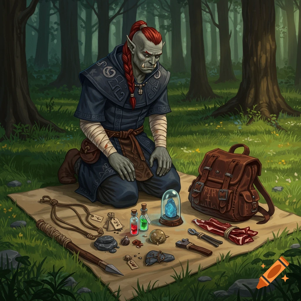 A grey orc with a red braid kneels in a forest clearing, surrounded by various tools, vials, and dried meat spread on a cloth. Digital art style.