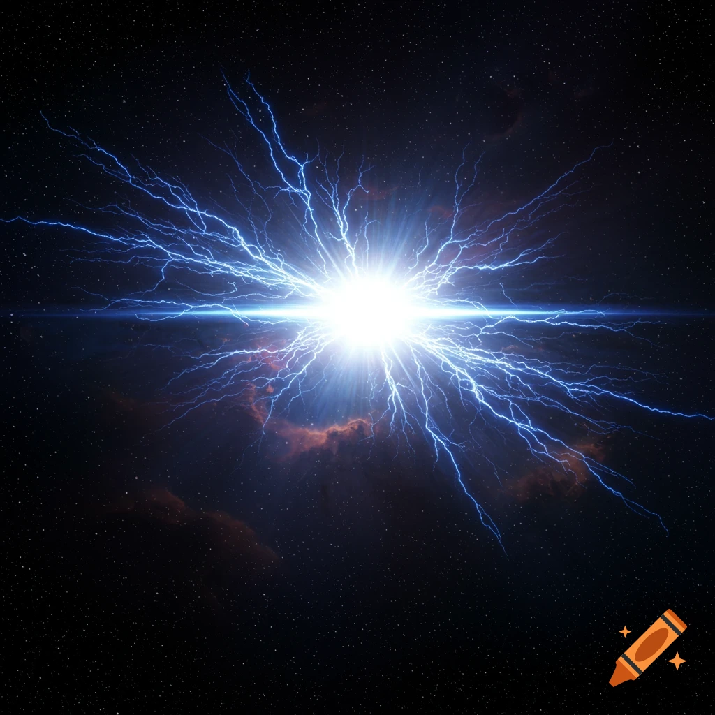 A brilliant white star-like light emits numerous blue lightning bolts across a dark, starry cosmic background with faint nebula.