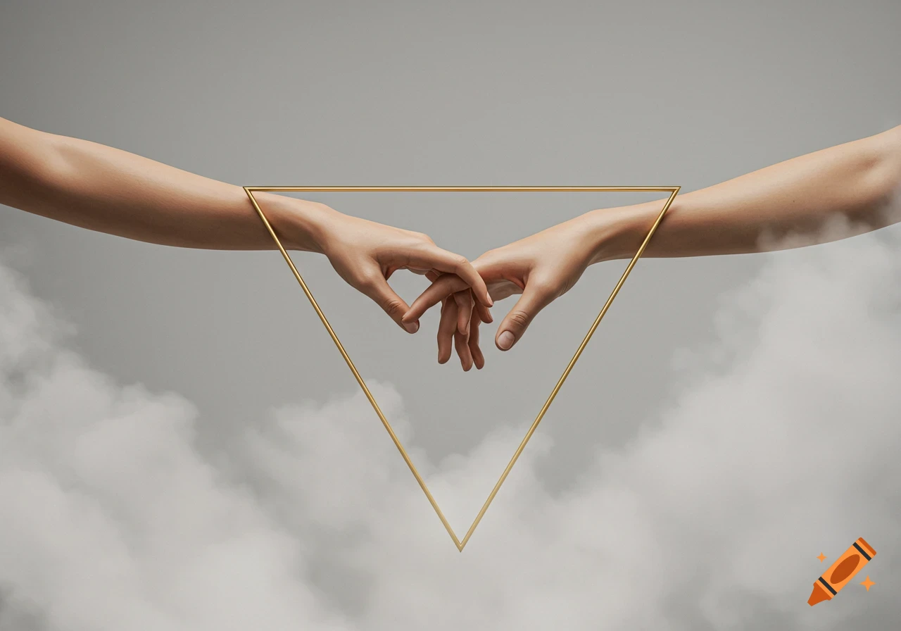 Two hands intertwining through a golden triangle, surrounded by misty clouds, in a minimalist style.