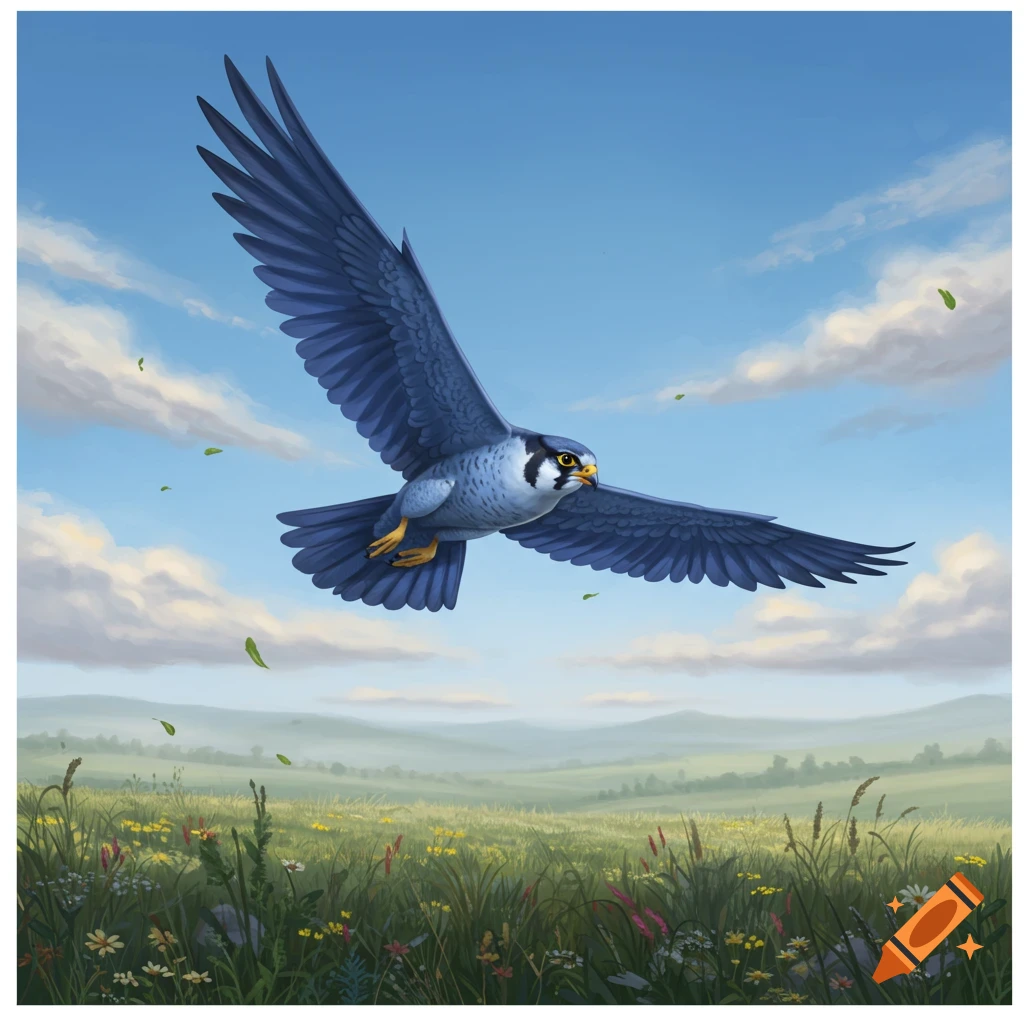 A stylized peregrine falcon-like bird with blue feathers flies over a vibrant green field under a clear blue sky with white clouds.