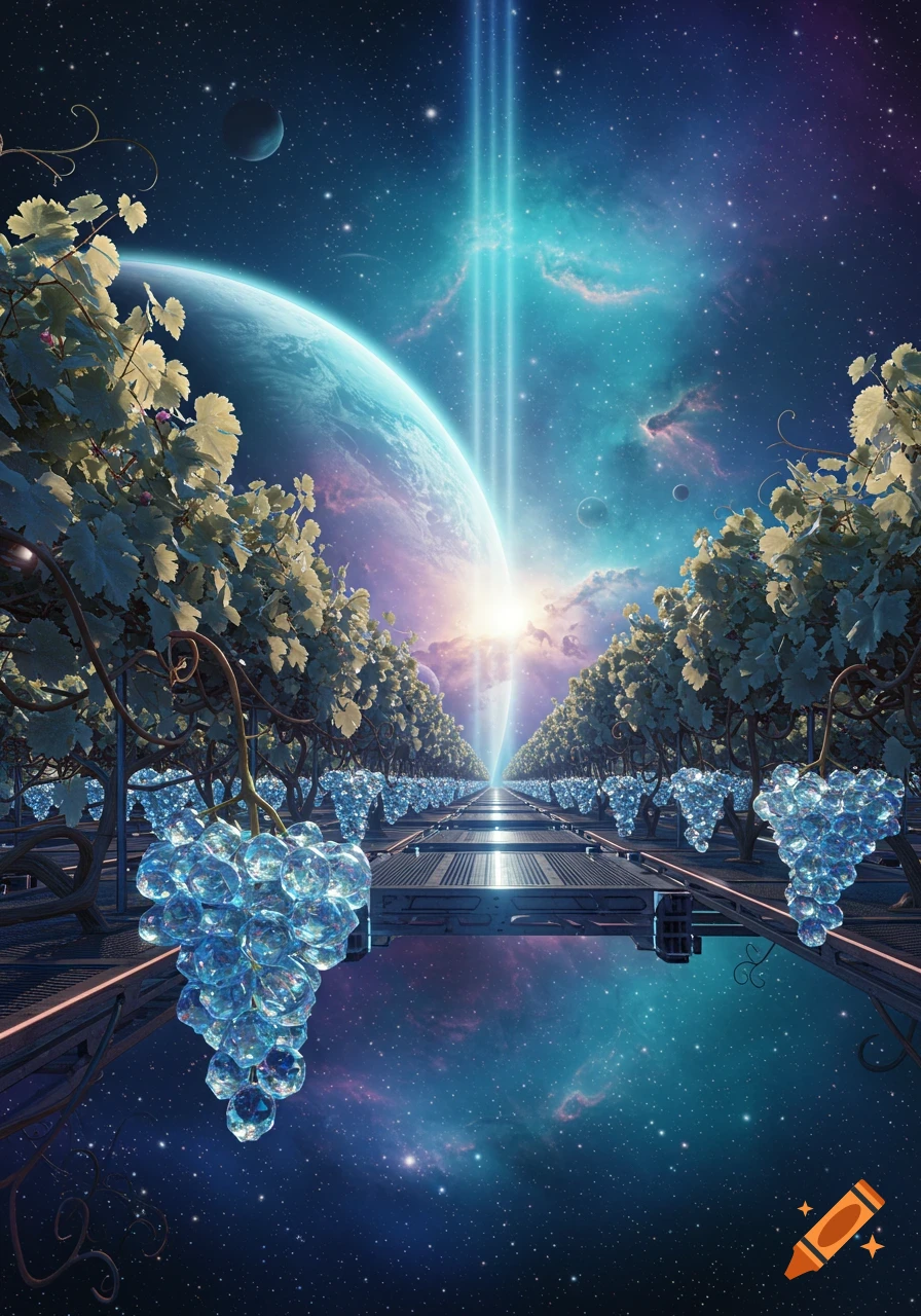 A vineyard in space with rows of crystal grapes, a large planet, stars, and a beam of light in the cosmic background.