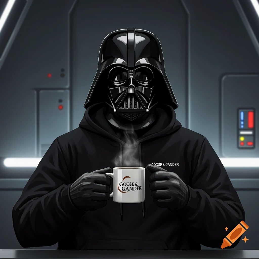 A photorealistic image of Darth Vader in a black hoodie holding a steaming coffee mug with "GOOSE & GANDER" on it, in a spaceship interior.