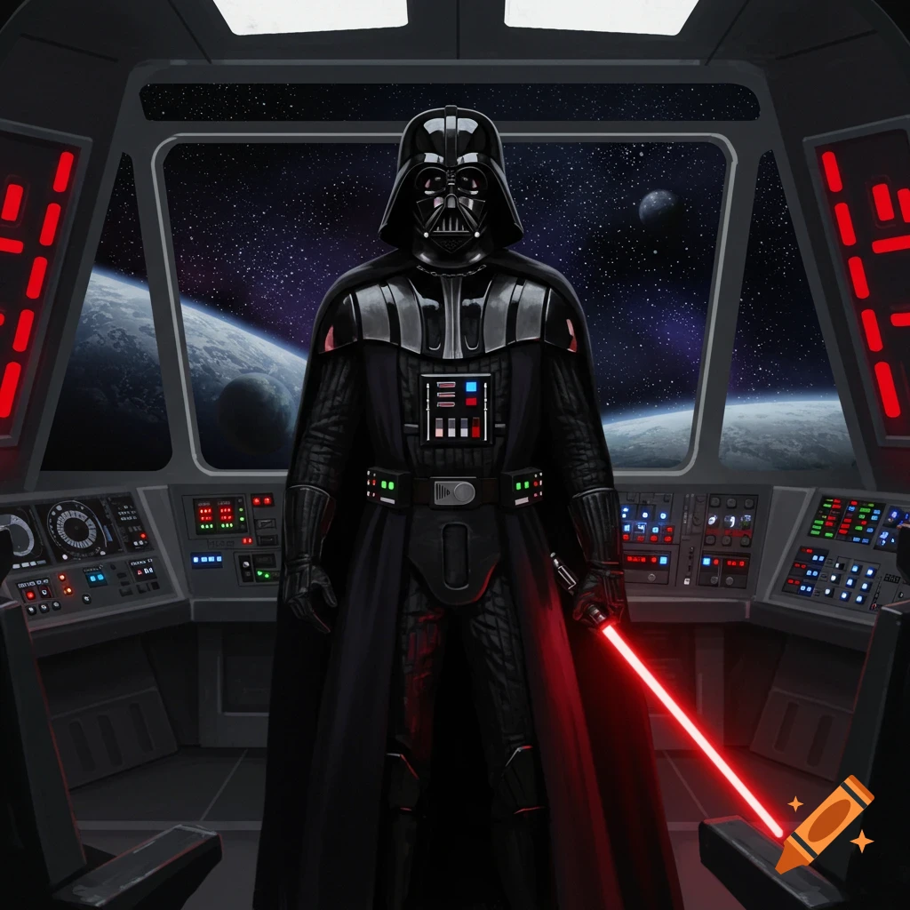 Darth Vader stands in a spaceship cockpit with a red lightsaber, looking out at planets and stars in space.