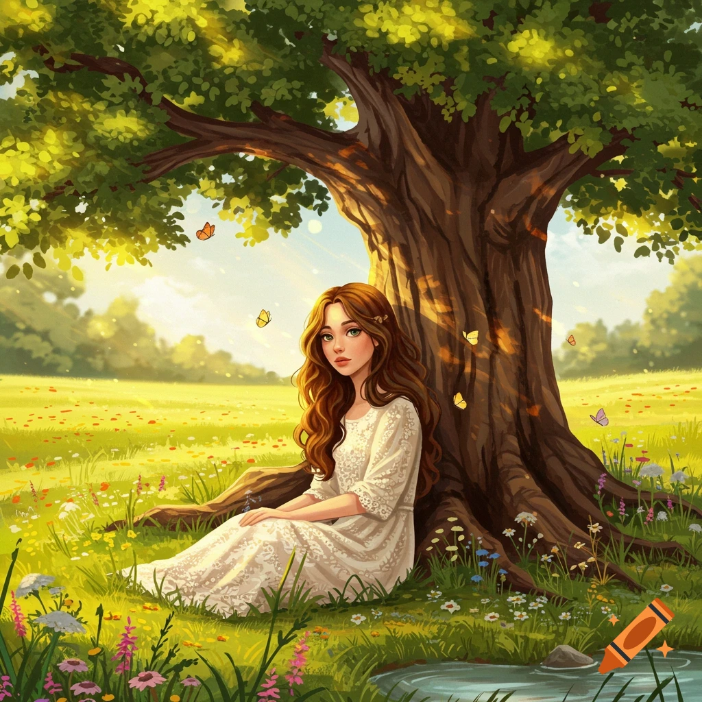 An illustrated girl with long brown hair sits under a large tree in a sunny field of flowers with butterflies.