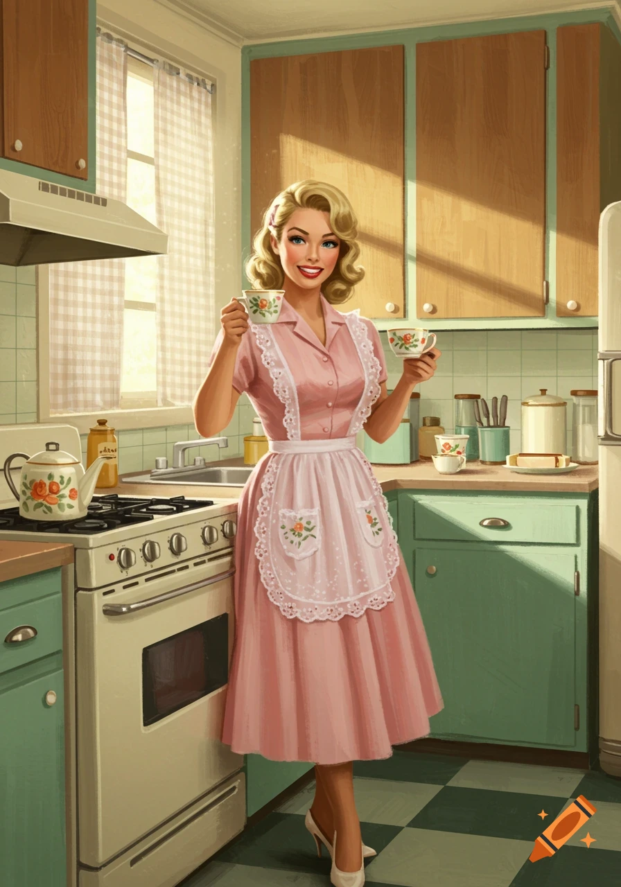 A smiling woman in a pink dress and white apron holds two teacups in a retro 1950s kitchen illustration.
