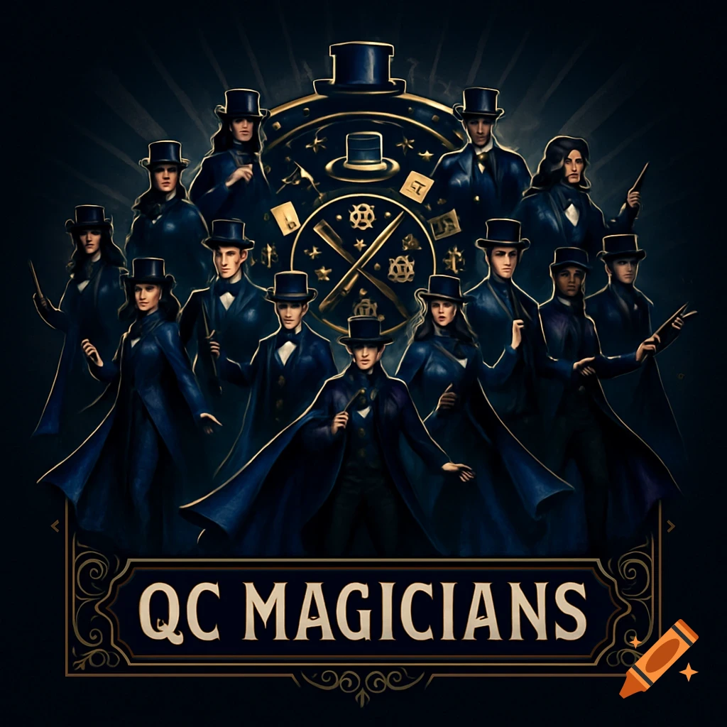 A dark, dramatic illustration of a team of magicians in top hats and long coats, with a 'QC MAGICIANS' banner below.
