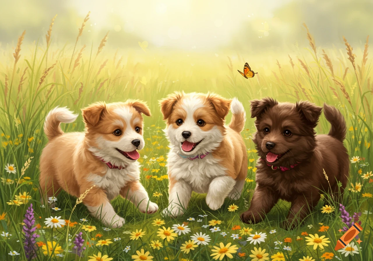 Three adorable puppies play in a sunny meadow filled with colorful wildflowers and tall grass, with a butterfly nearby. Digital art.