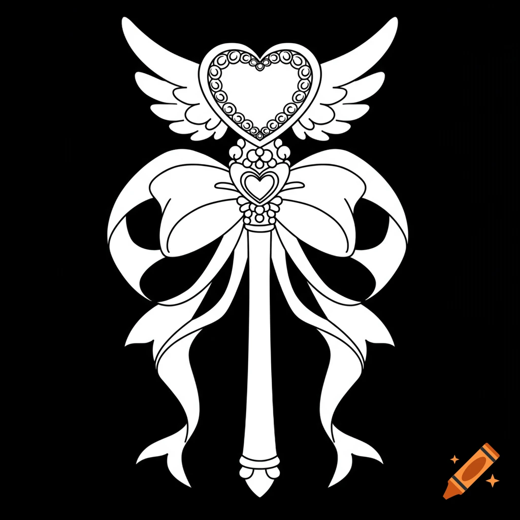 A black and white line art illustration of a magical girl wand with a heart, angel wings, and a large ribbon.