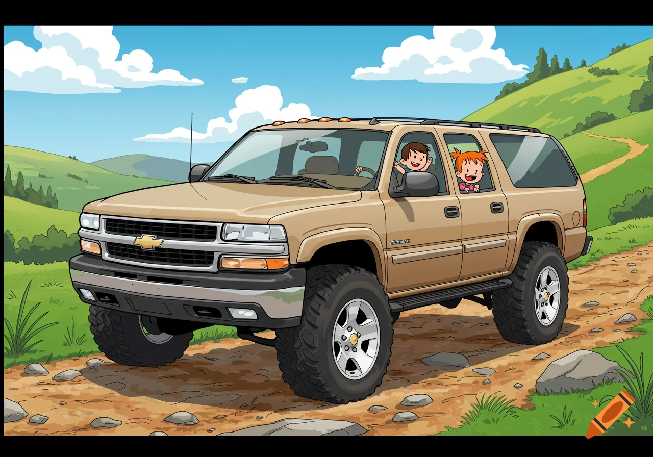 Cartoon illustration of a tan 2002 Chevy Suburban 2500 4x4 driving on a dirt road, with two children waving from the windows.