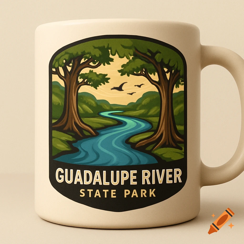 A beige coffee mug with a green and blue logo of a river winding through trees with birds flying above, text reads "GUADALUPE RIVER STATE PARK".
