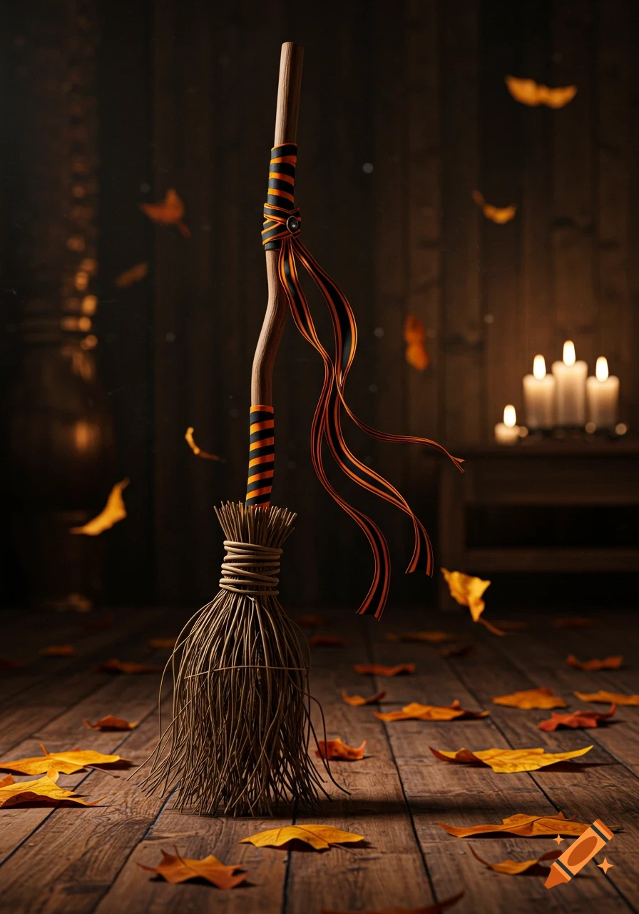 A witch's broom with orange and black ribbons stands on a wooden floor covered in autumn leaves, with candles in the background.