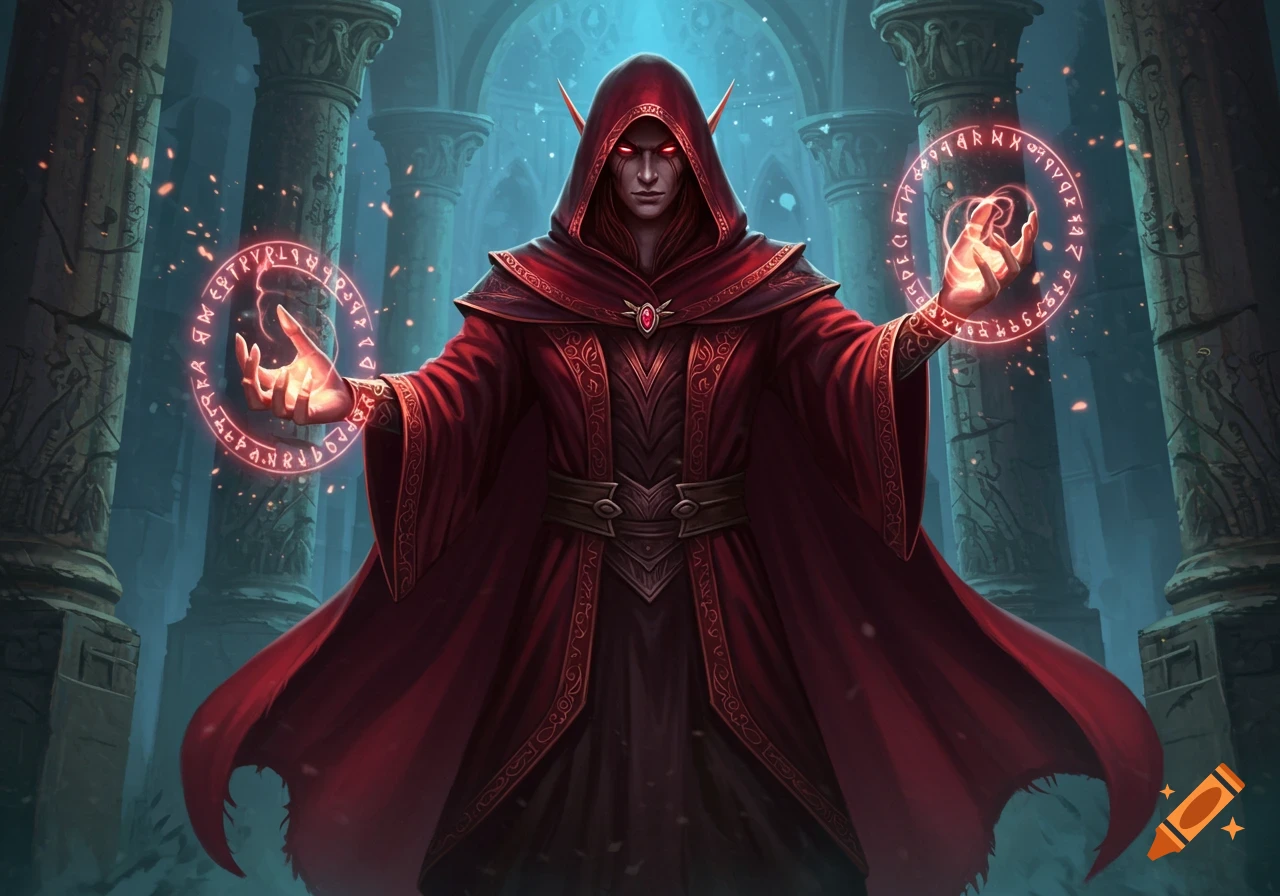 An elf wizard in a red hooded robe casts magic, forming glowing runic circles in his hands within a dark, ancient ruin.