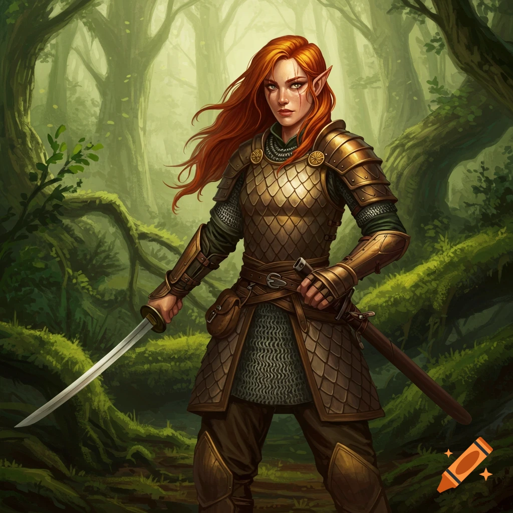A red-haired wood elf warrior in golden scalemail armor holds a sword in a mossy forest.