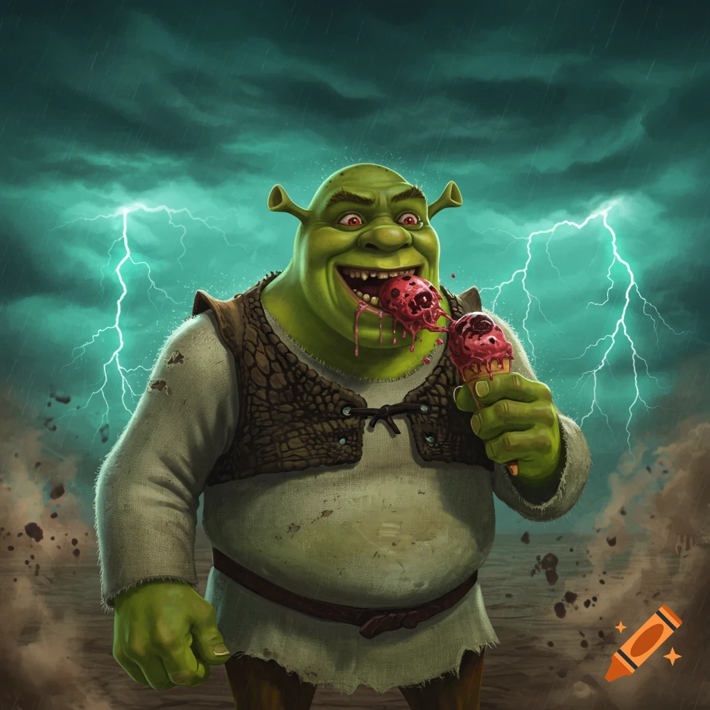 Cursed Shrek with red eyes, mouth wide open, eating a brain-like ice cream cone, with another melting one in his hand, under a stormy sky with lightning.