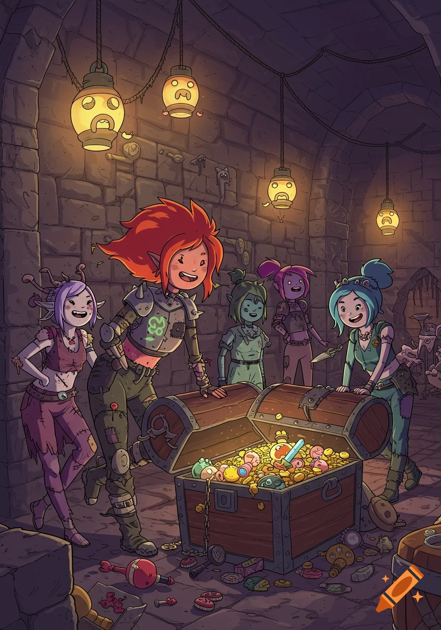 A group of cheerful cartoon adventurer girls in a dungeon celebrate finding a treasure chest filled with gold and trinkets, in the style of Adventure Time.