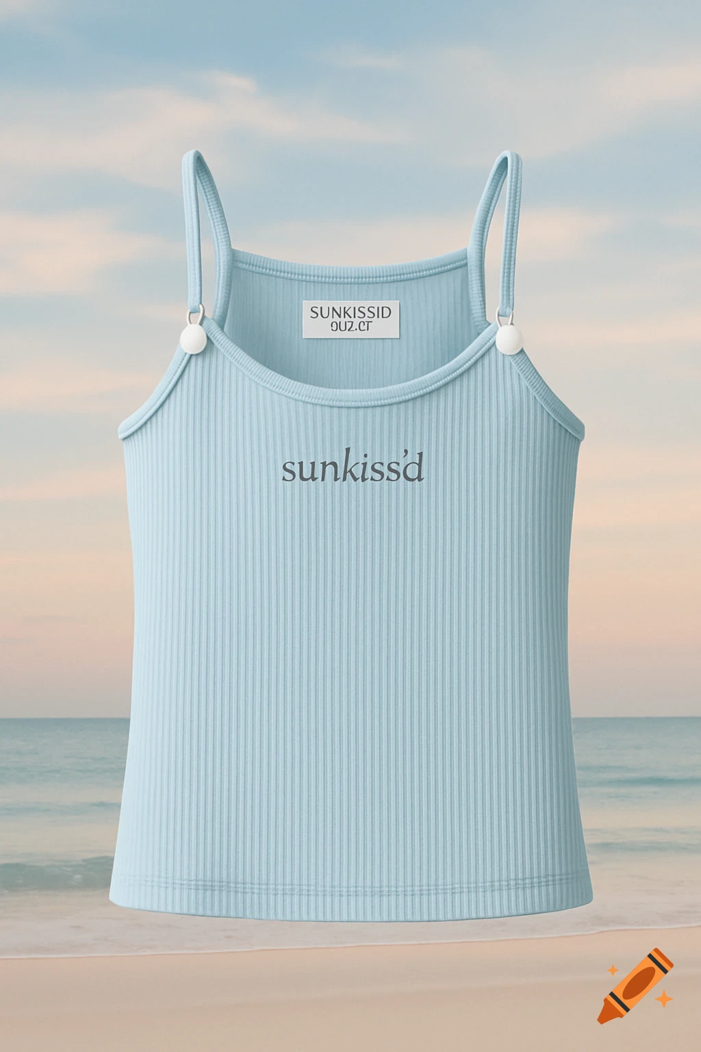 A light baby blue ribbed tank top with thin straps and a 'sunkiss'd' logo on the chest, against a blurred beach background.