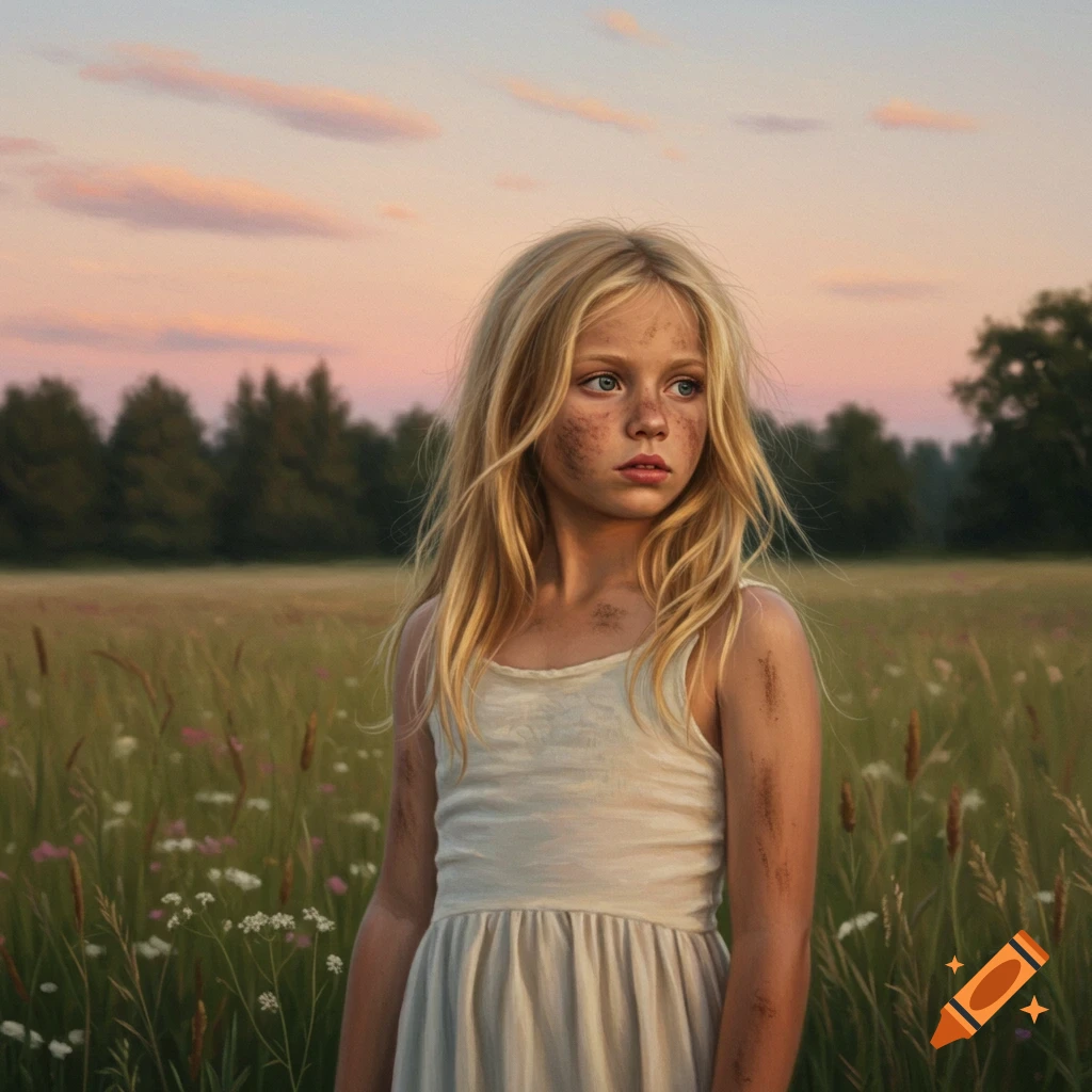 A young girl with blonde hair and dirt on her face stands in a grassy field at sunset.