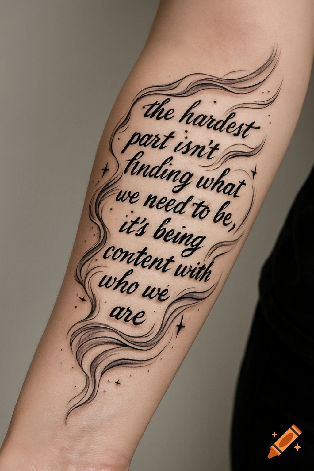 Close-up of a tattoo on a forearm featuring black ornate script that reads 'the hardest part isn't finding what we need to be, it's being content with who we are' framed by swirling lines.