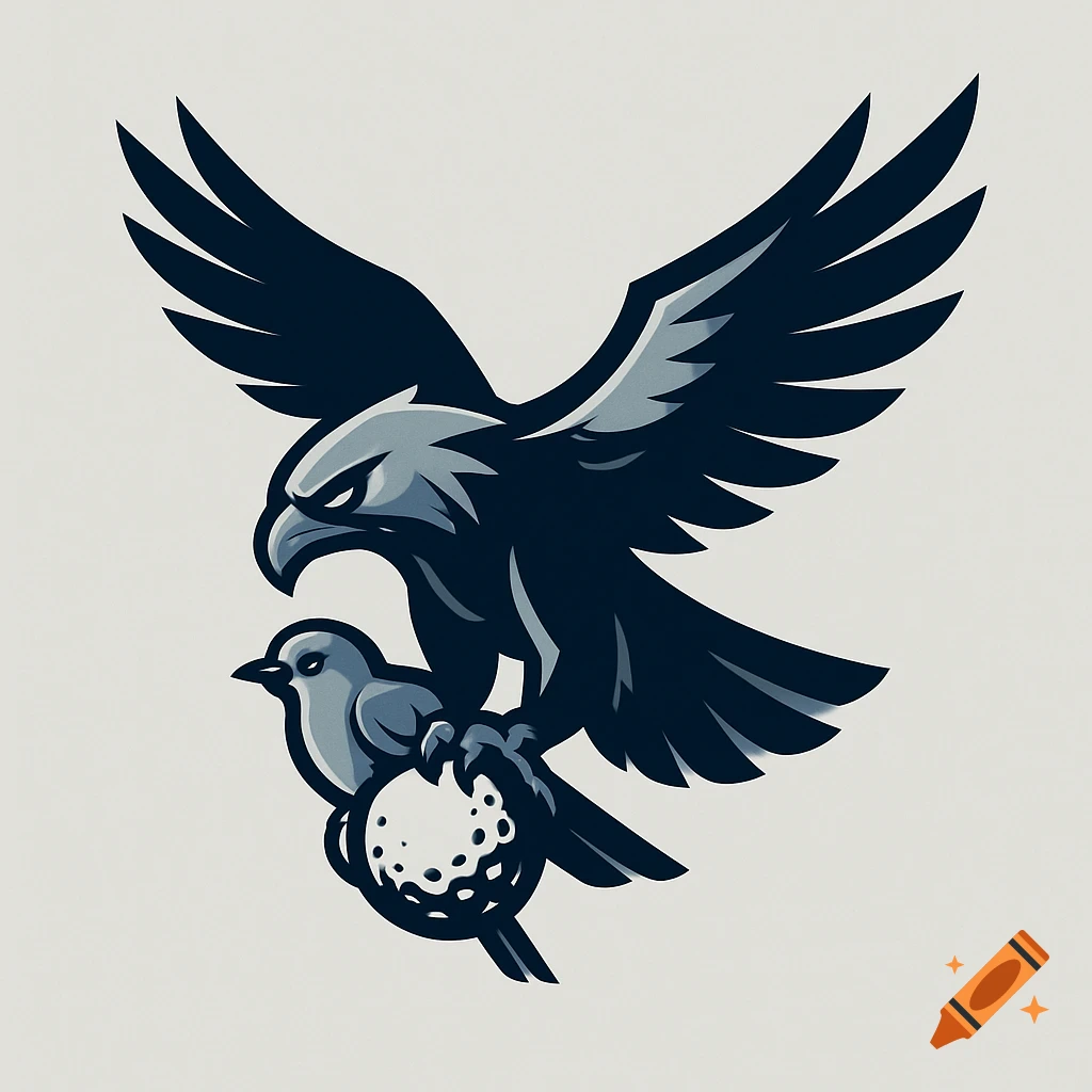 Stylized logo of a dark predatory bird with spread wings perched on a smaller bird that holds a golf ball.