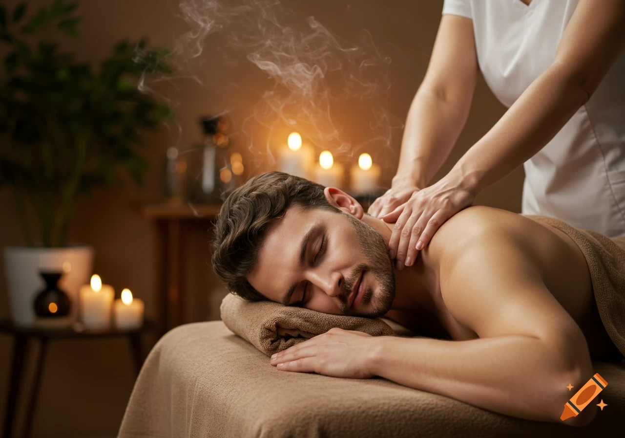 A man receives a neck and shoulder massage in a dimly lit spa room with candles and smoke, conveying relaxation. Photorealistic style.