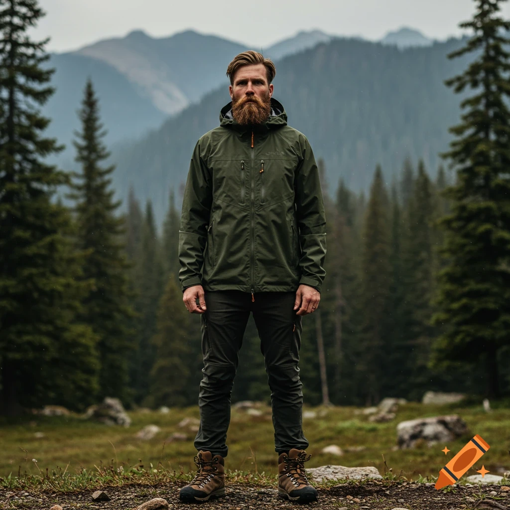 A bearded man wearing a green outdoor jacket and pants stands in a forest with mountains in the background, photorealistic.
