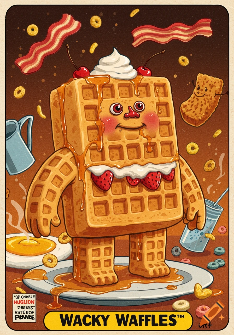 A whimsical, cartoon-style character made from a waffle with syrup, whipped cream, cherries, and strawberries, standing on a plate amidst breakfast items like bacon and cereal.