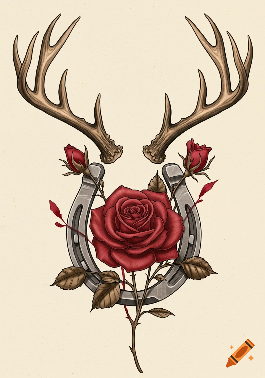 An illustration of deer antlers above a horseshoe, with a red rose and leaves growing through the center, in a tattoo art style.