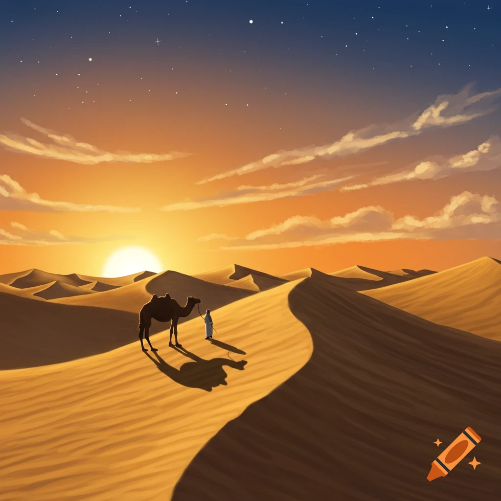 An illustration of a person leading a camel through sand dunes at sunset, with an orange and blue sky.