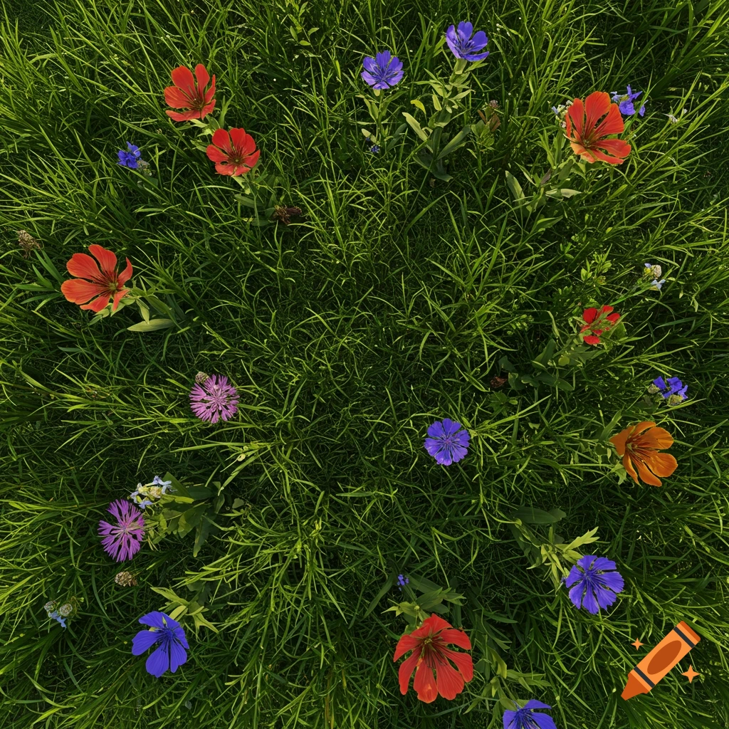 A top-down view of green grass dotted with various colorful red, orange, purple, and blue flowers. Photorealistic style.