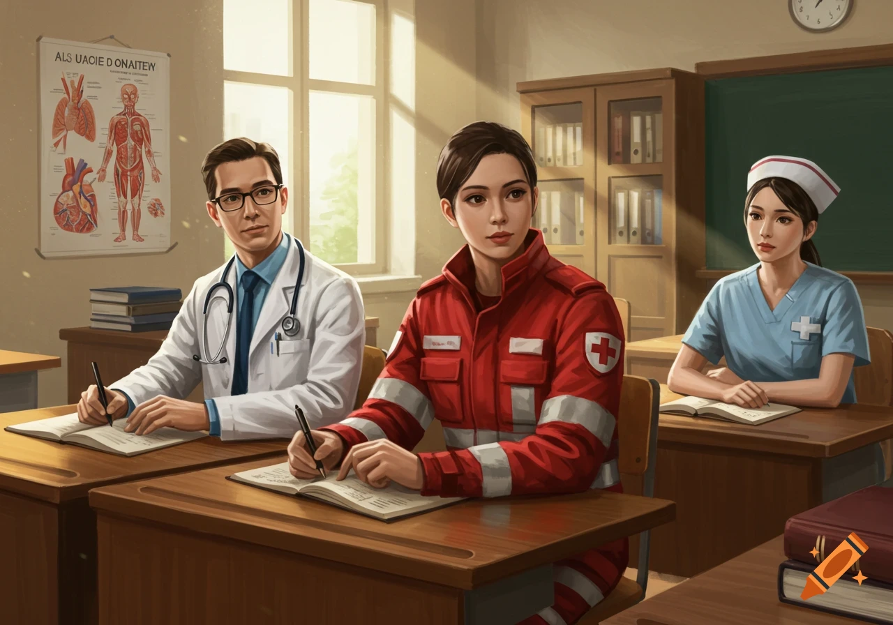 Three medical students, a doctor, paramedic, and nurse, are seated at wooden desks in a bright classroom, taking notes.