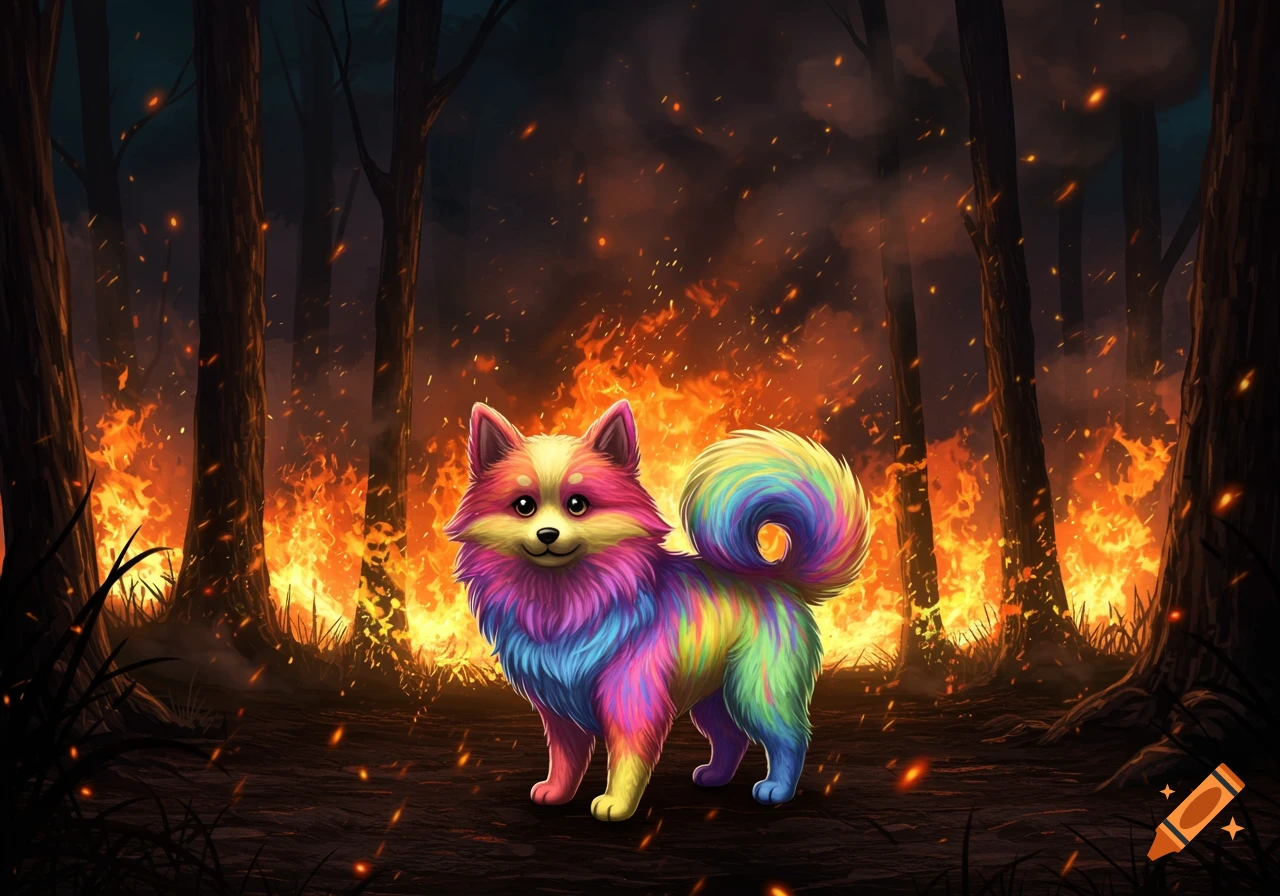 A cute, fluffy dog with rainbow-colored fur stands in a dark forest with vibrant orange and yellow flames raging in the background, stylized illustration.