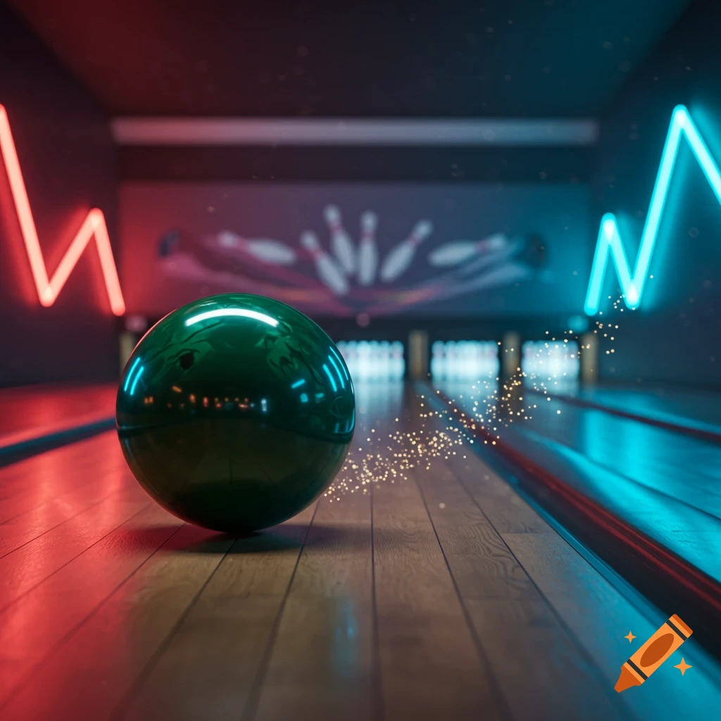 A green bowling ball on a wooden lane, illuminated by red and blue neon lights with glowing particles.