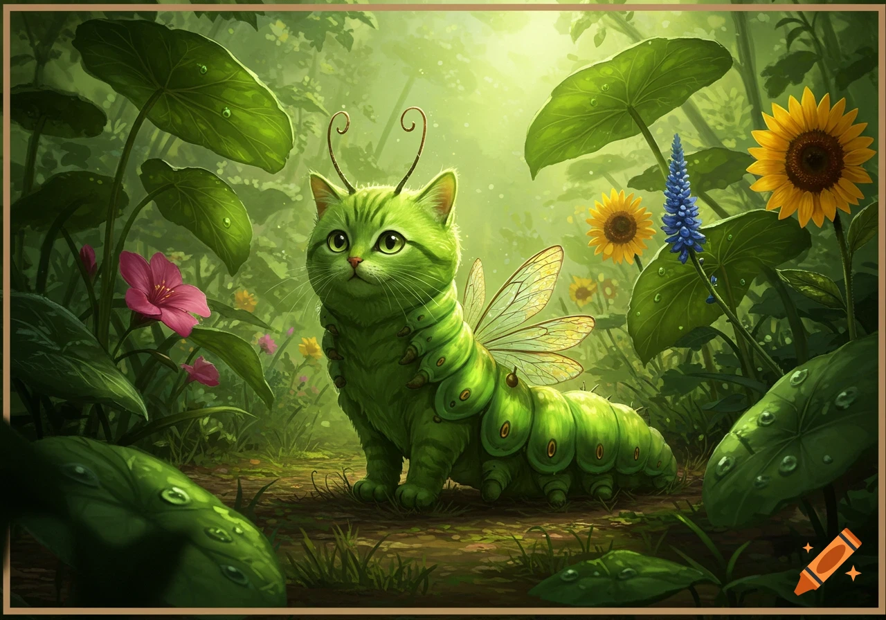 A cute, green cat-caterpillar hybrid with wings and antennae sits in a vibrant, lush forest filled with large leaves and colorful flowers.
