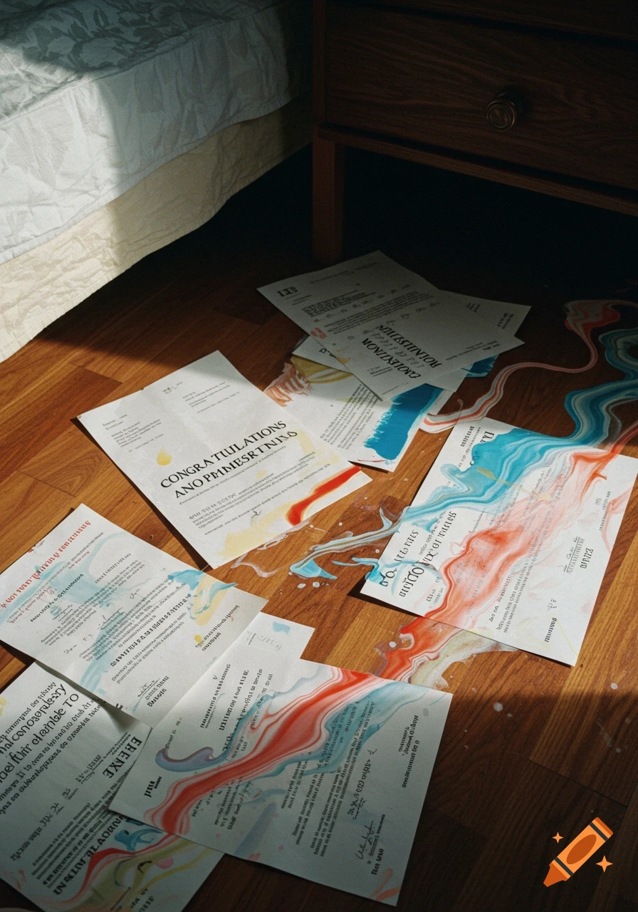 Crumpled university acceptance letters smeared with blue, red, and yellow paint, scattered on a wooden bedroom floor.