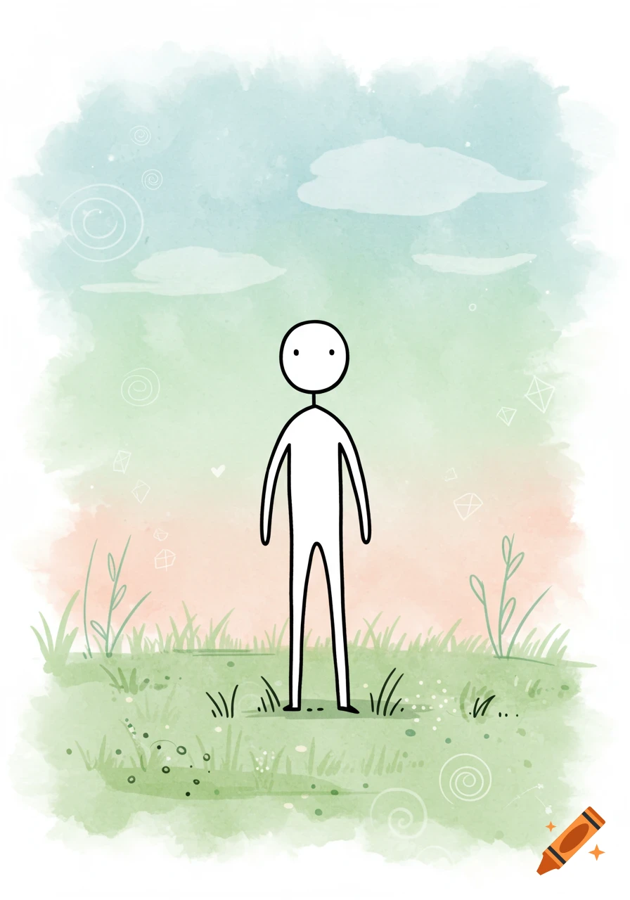 Minimalist watercolor illustration of a stick figure standing in a grassy field under a pastel sky.