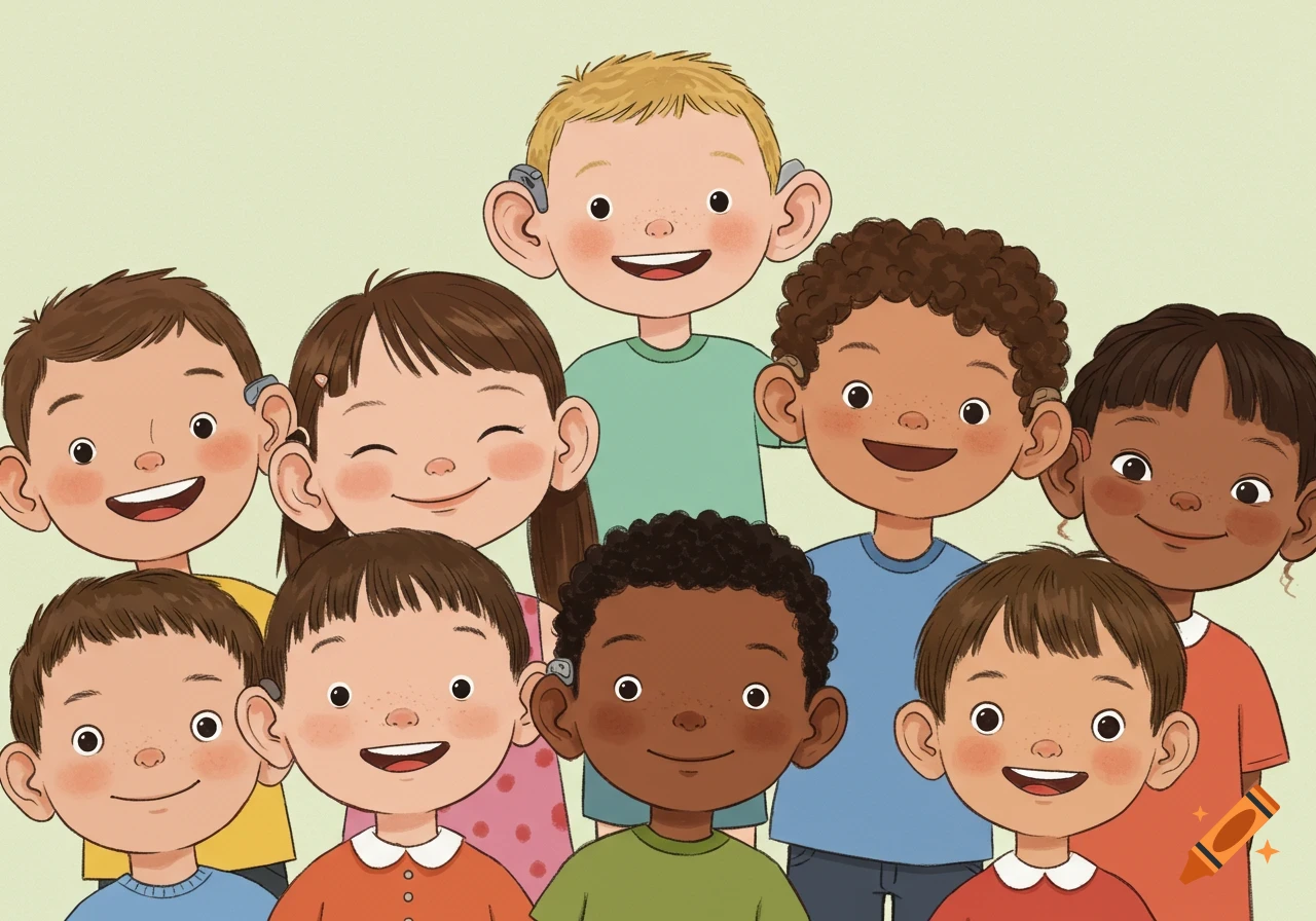 A group of smiling diverse children, some wearing hearing aids, in a bright children's book illustration style.