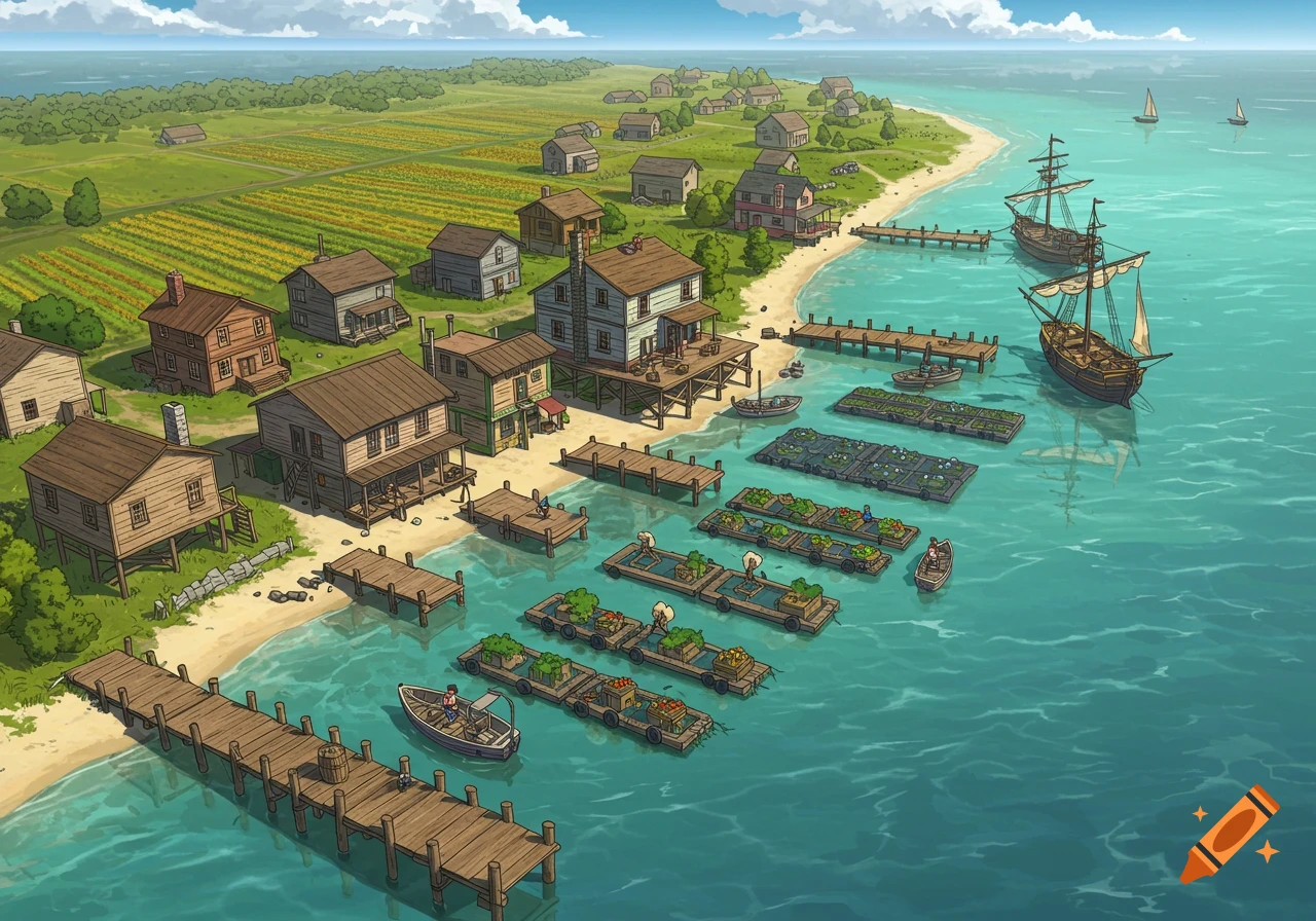 A vibrant, sunlit, cartoonish aerial view of a coastal village with houses on stilts, docks, sailing ships, and floating aquaculture farms.