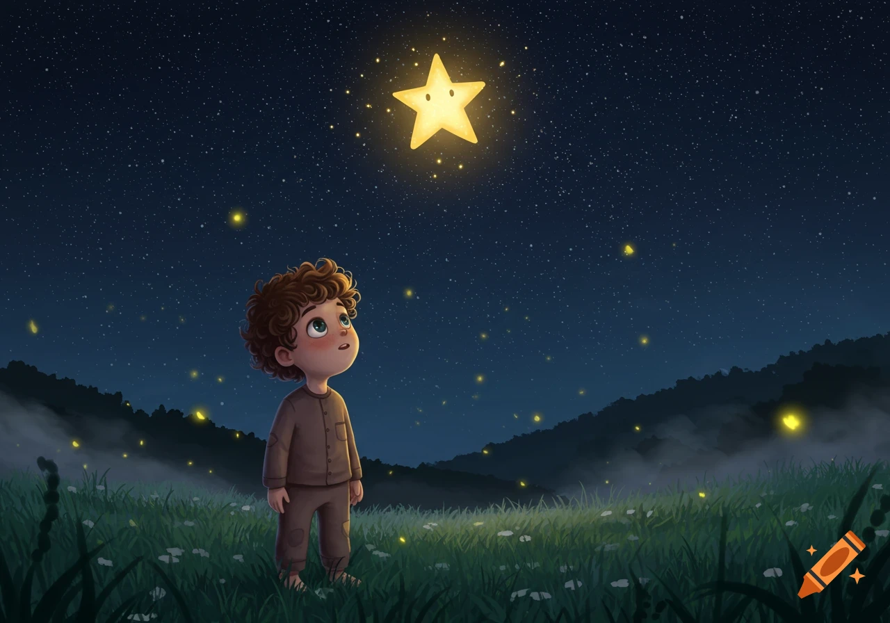 A small boy looks up at a smiling, glowing star in a grassy field at night with fireflies, illustrated.