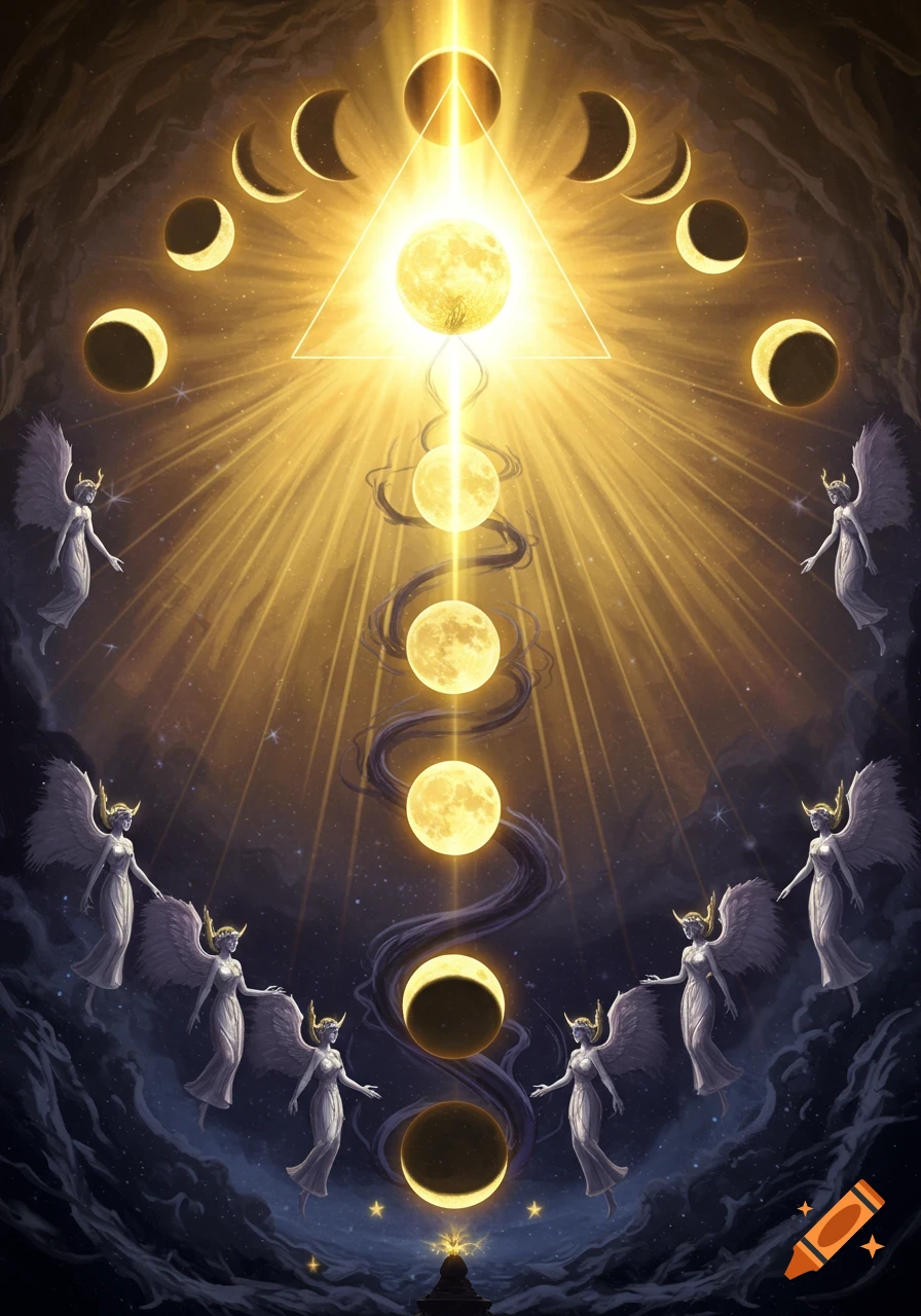 A mystical illustration of the moon phases surrounding a glowing full moon within a triangle, with several full moons stacked below and angelic figures floating on either side in a starry sky.