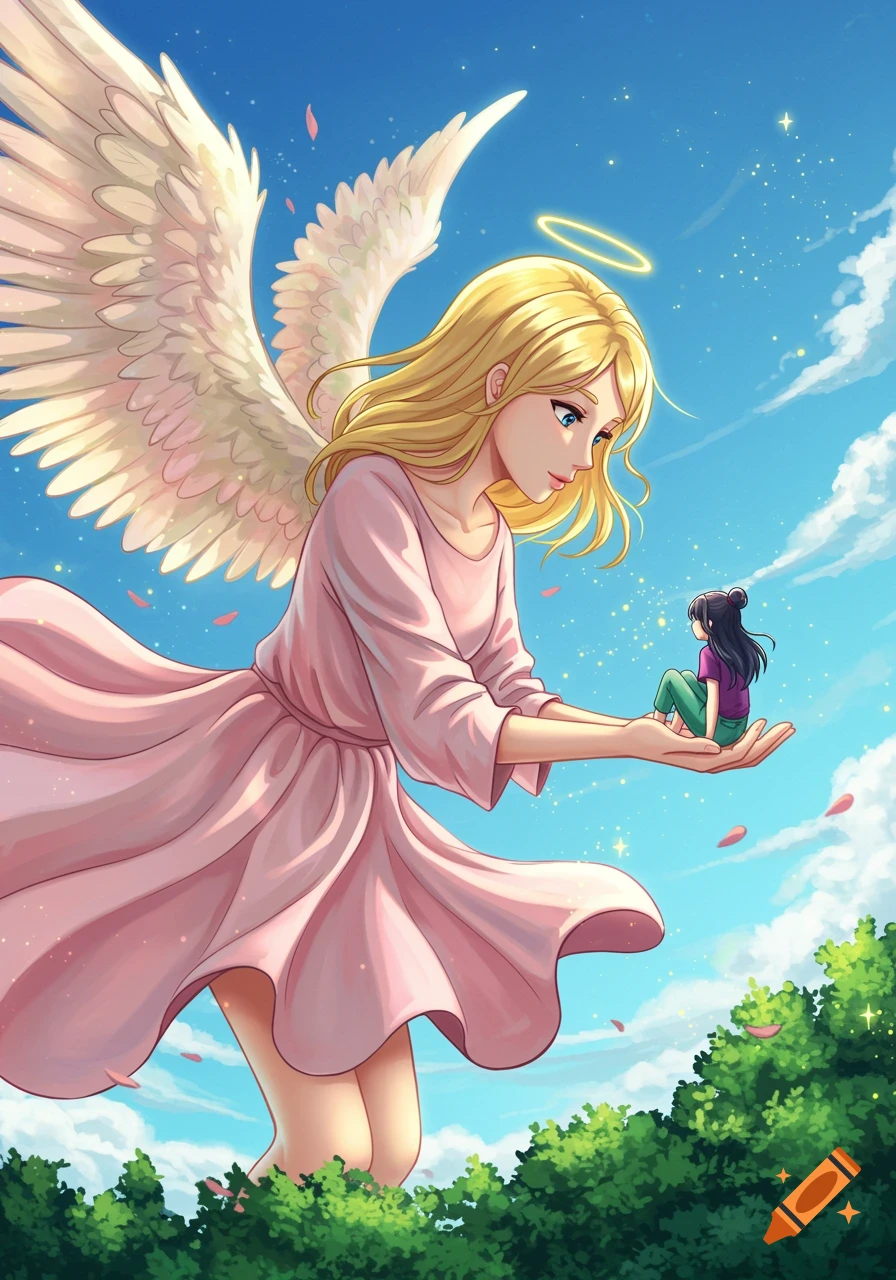 An anime-style angel with blonde hair and pink dress holds a tiny girl in the palm of her hand against a blue sky.