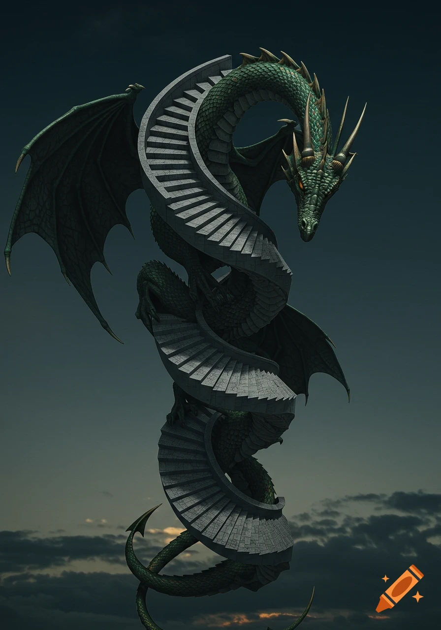 A magnificent green dragon with large wings coils around a twisting grey spiral staircase, set against a dark, cloudy sky.