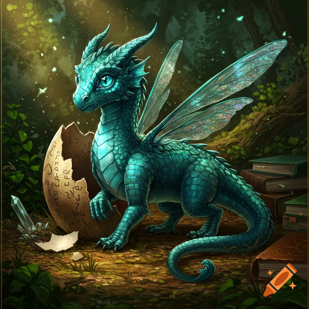 A newly hatched, teal-scaled baby dragon with translucent dragonfly wings stands beside a cracked eggshell in an enchanted forest.
