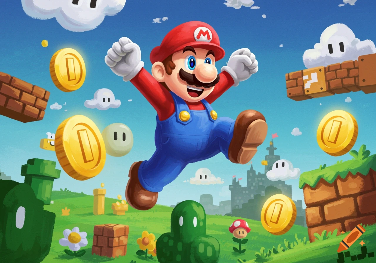 Mario, a cartoon character in red and blue overalls, jumps through a colorful video game landscape with coins, blocks, and a castle in the background.