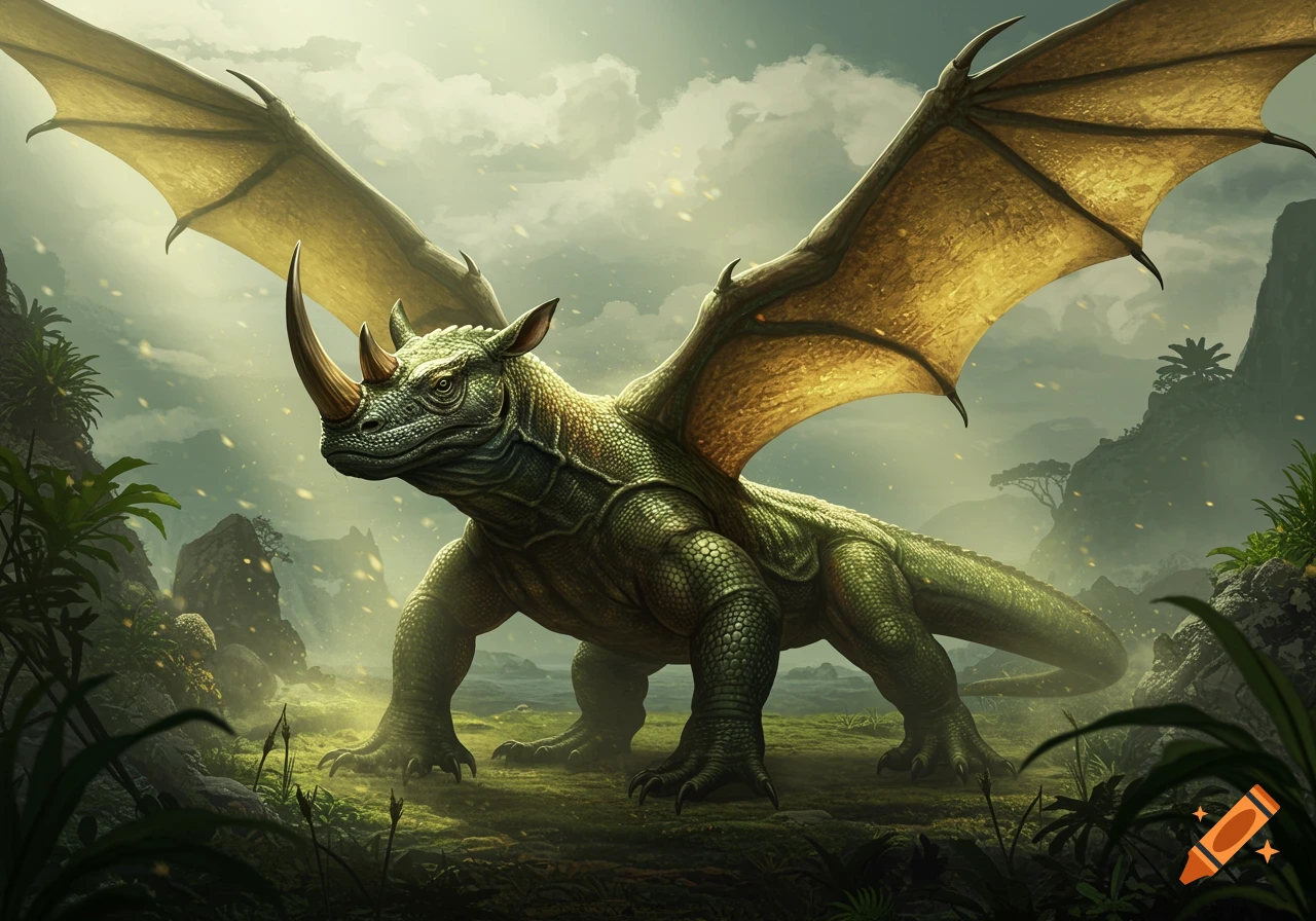 A large, green, scaly creature resembling a Komodo dragon with rhino horns and large, golden, bat-like wings stands in a lush, misty jungle landscape with mountains in the background.