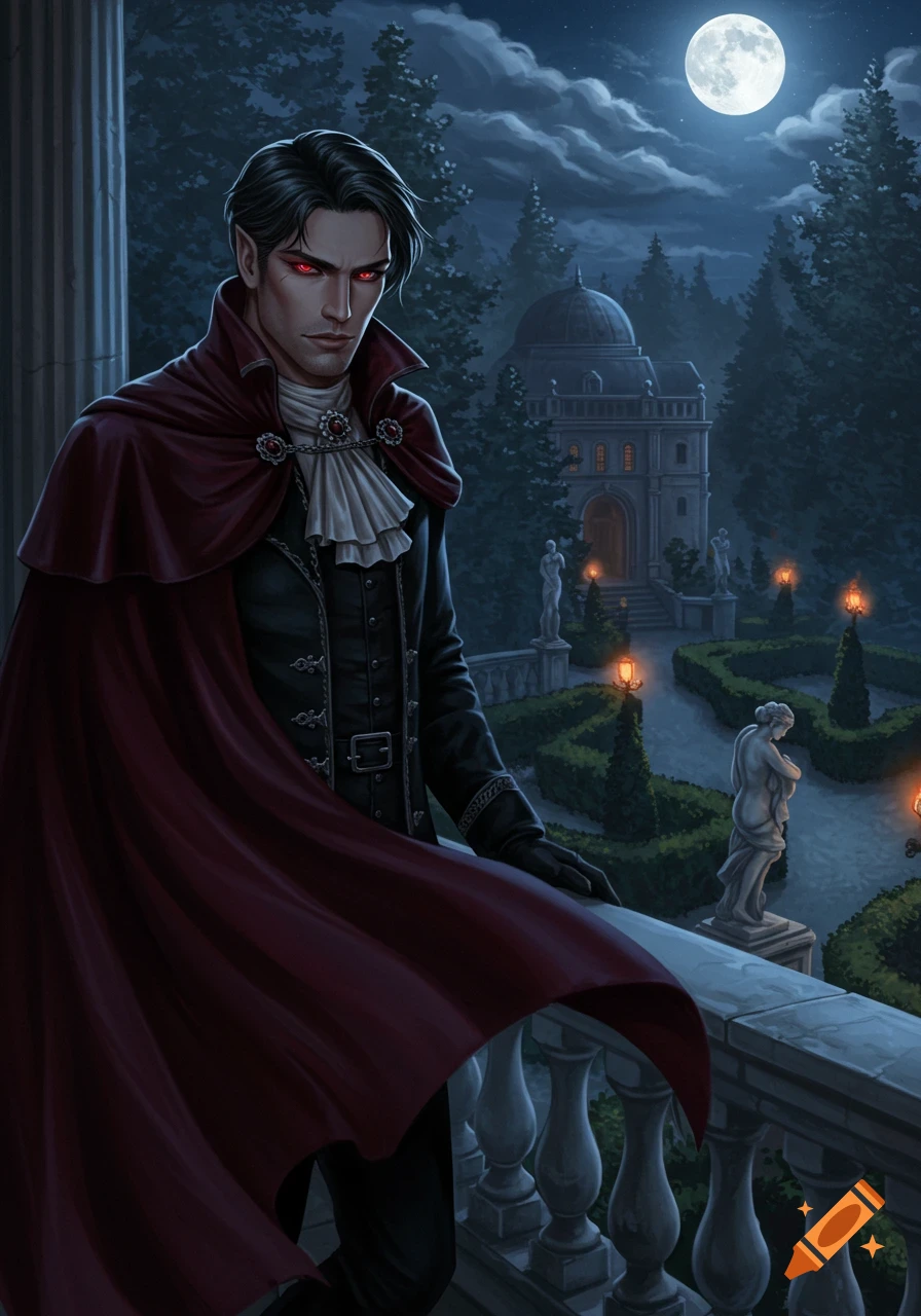 A dark-haired man with red eyes and a red cape stands on a balcony overlooking a moonlit gothic garden with a mansion.