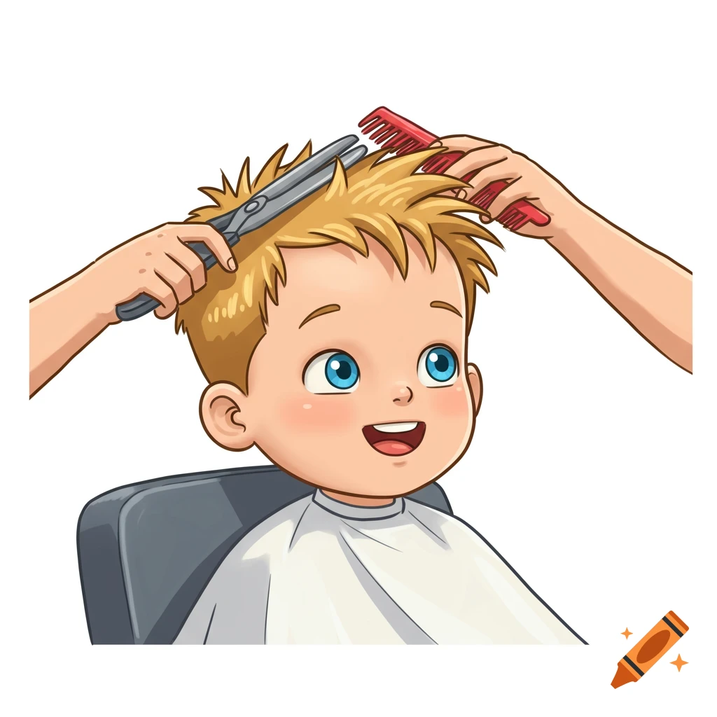 A cartoon illustration of a happy little boy with spiky blond hair getting a haircut, with hands holding scissors and a comb. White background.
