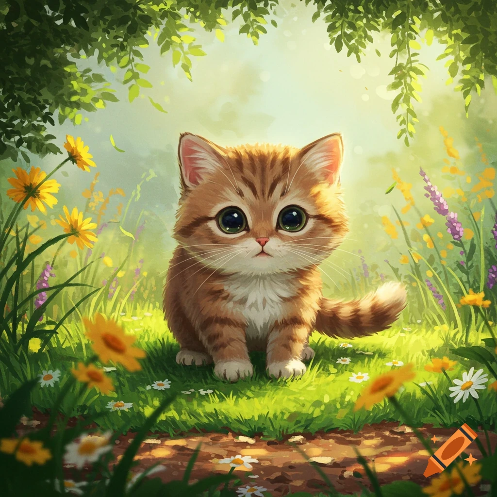 A cute, fluffy orange tabby kitten with big green eyes sits in a sunny meadow among green grass and colorful wildflowers.