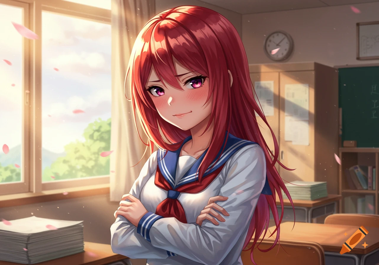 A shy anime schoolgirl with long red hair and purple eyes, wearing a sailor uniform, stands in a sunlit classroom as cherry blossoms fall.