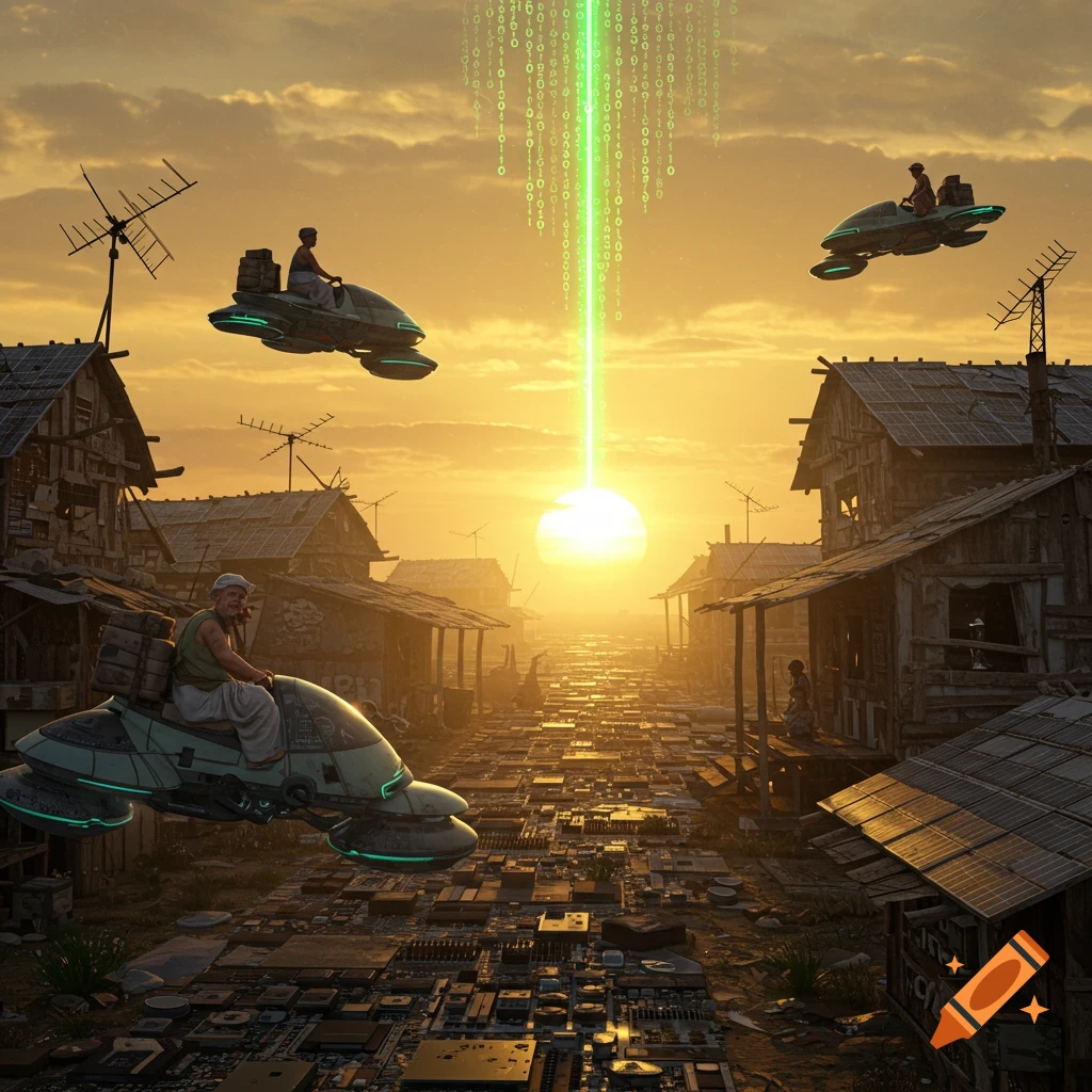 Photorealistic image of peasants on futuristic hovercrafts in a village made of tech waste, under a sunset with a green binary code beam.