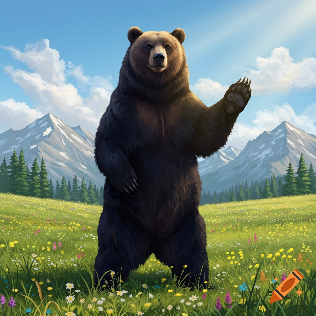 A friendly brown bear stands upright in a sunny green meadow filled with wildflowers, waving a paw with snow-capped mountains and a blue sky in the background, illustrated.